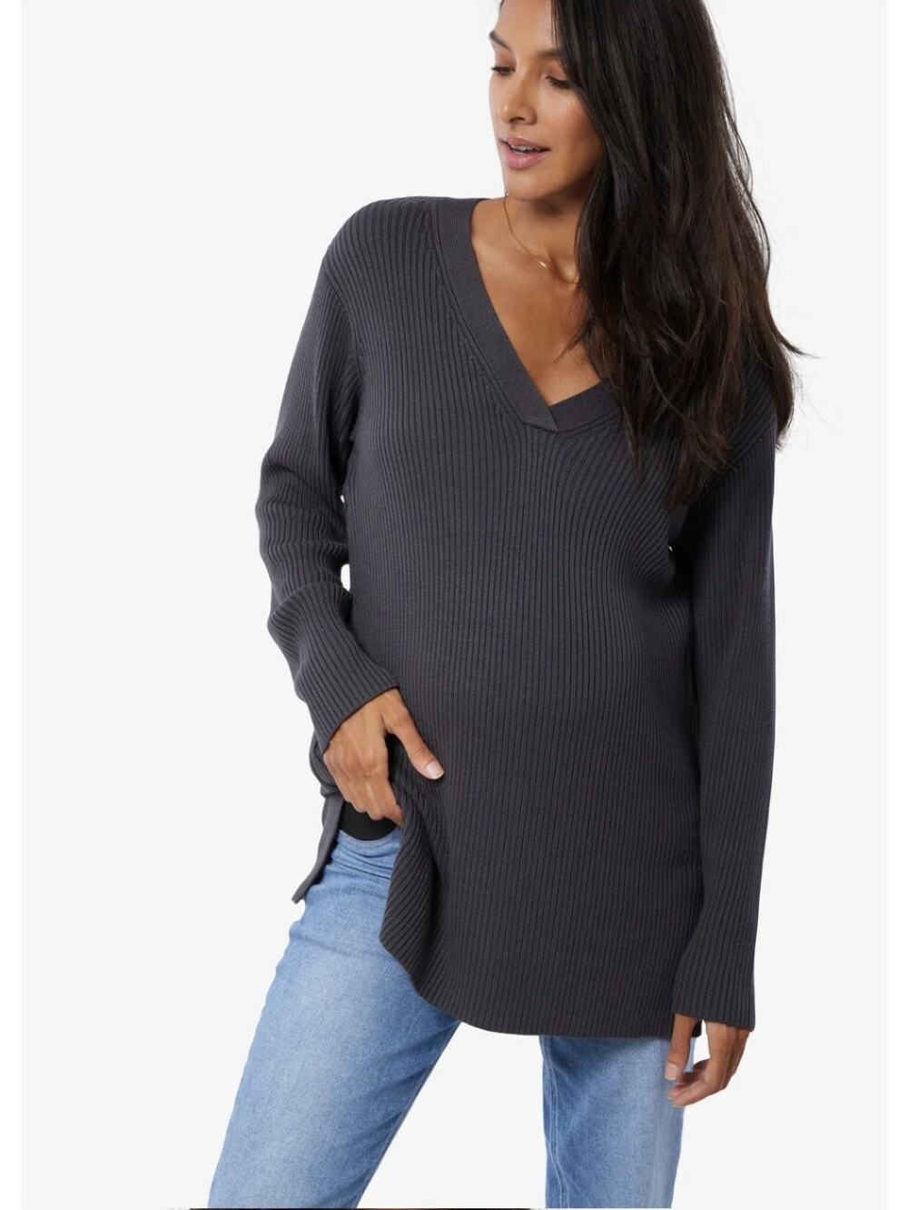Ingrid & Isabel Asphalt The EveryWear Side Zip Maternity + Nursing Sweater Small